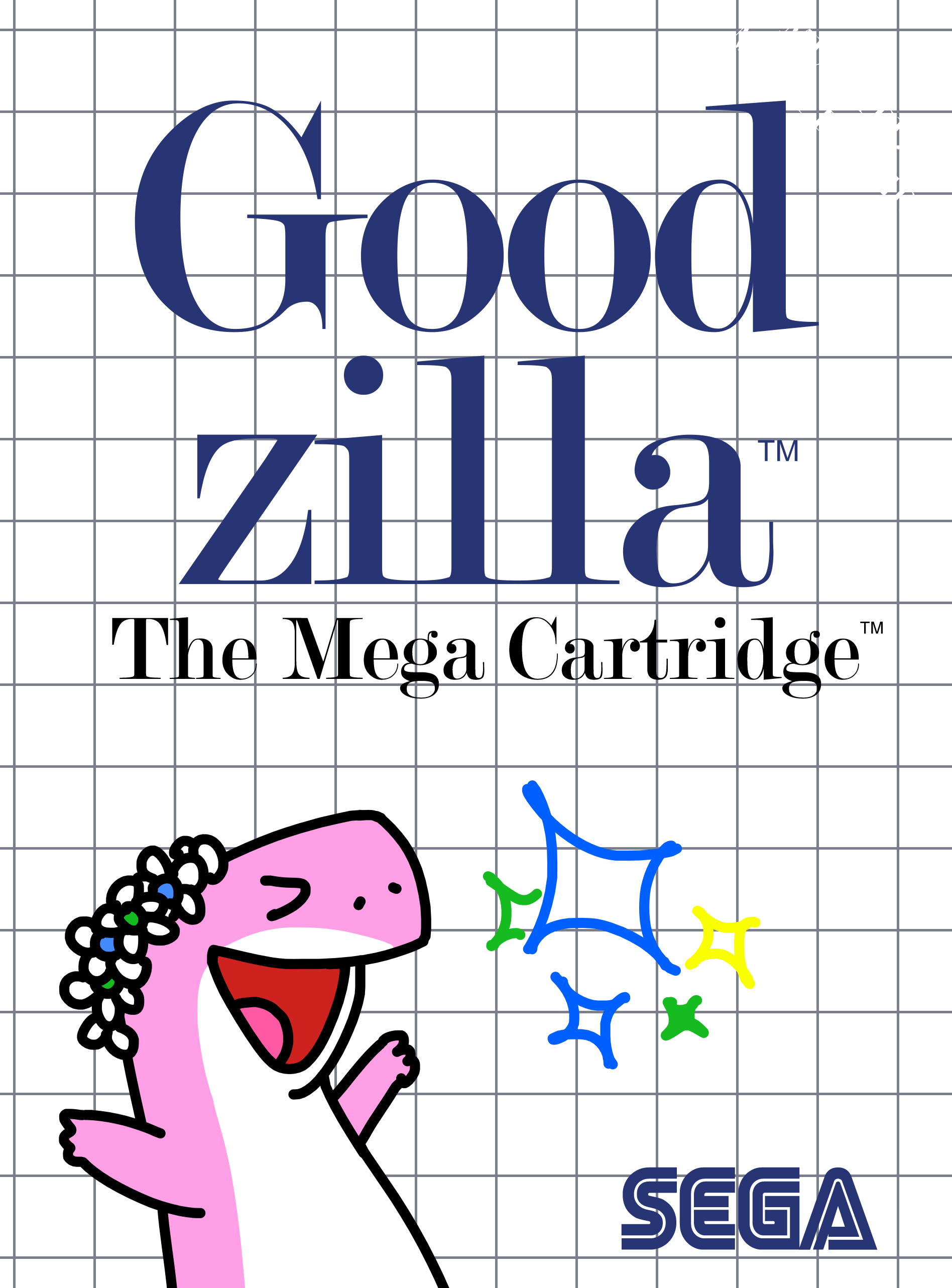 Mockup da capa de um jogo de Master System chamado Goodzilla. Um desenho no canto da capa mostra um dinossaurinho rosa cuspindo brilhinhos coloridos.