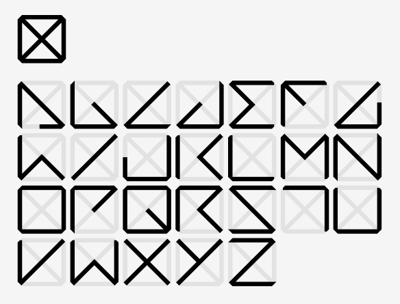 Diagrama mostrando as letras da fonte 8segdiag com os segmentos no fundo.